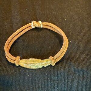 Brown leather Bracelet with Gold Feather Charm